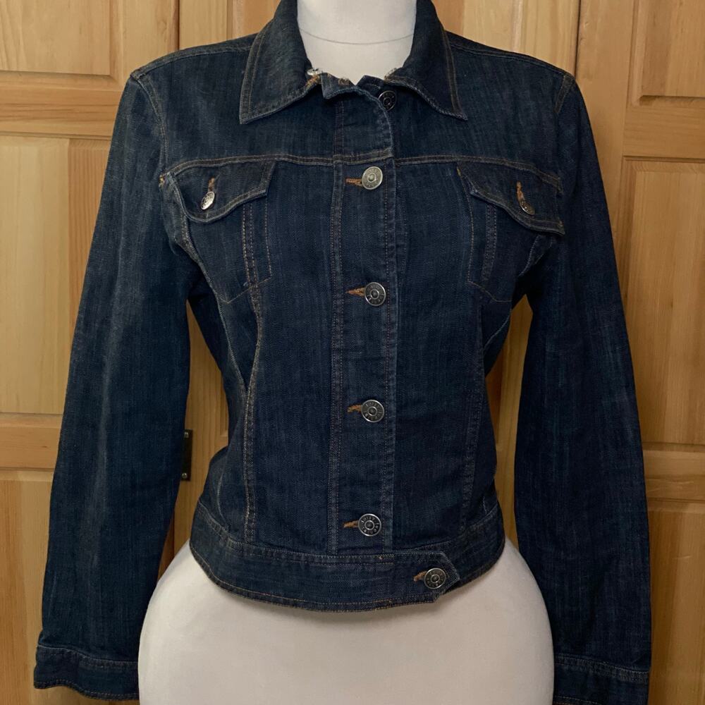 Y2K Daisy Fuentes Dark Wash Denim Jacket Contrast Stitching Preppy Chic Basics
